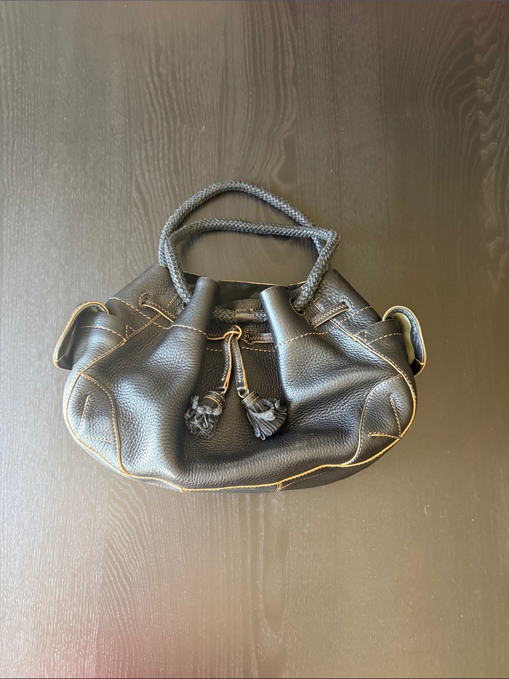 Cole Haan Black Leather Drawstring Tassel Shoulder Bag